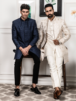 Off White Pure Raw Silk Leather Work Indo Western Set