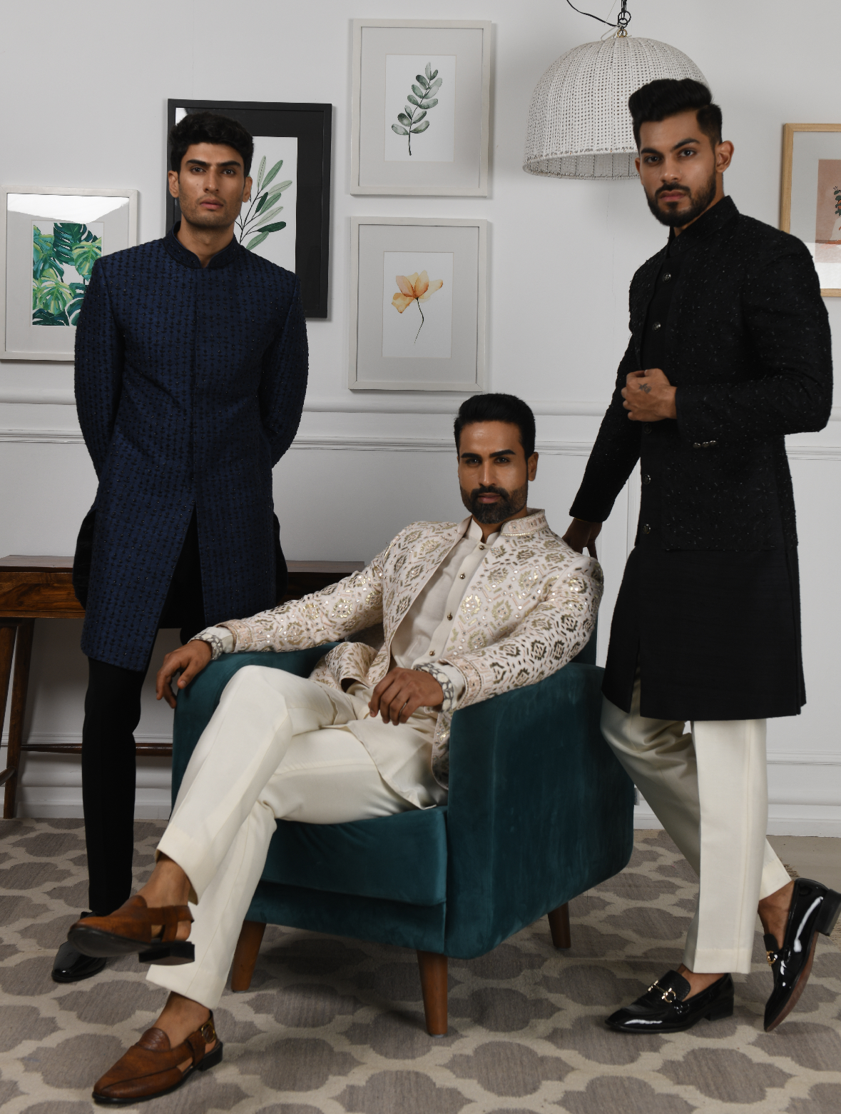 Off White Pure Raw Silk Leather Work Indo Western Set