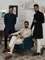 Off White Pure Raw Silk Leather Work Indo Western Set