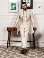 Off White Pure Raw Silk Leather Work Indo Western Set