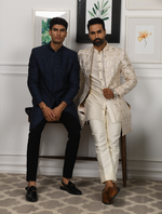 Off White Pure Raw Silk Leather Work Indo Western Set