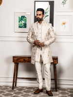 Off White Pure Raw Silk Leather Work Indo Western Set
