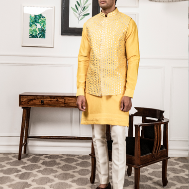 Yellow Chanderi Silk Kurta with Raw Silk Leather work Jacket Set