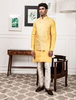 Yellow Chanderi Silk Kurta with Raw Silk Leather work Jacket Set