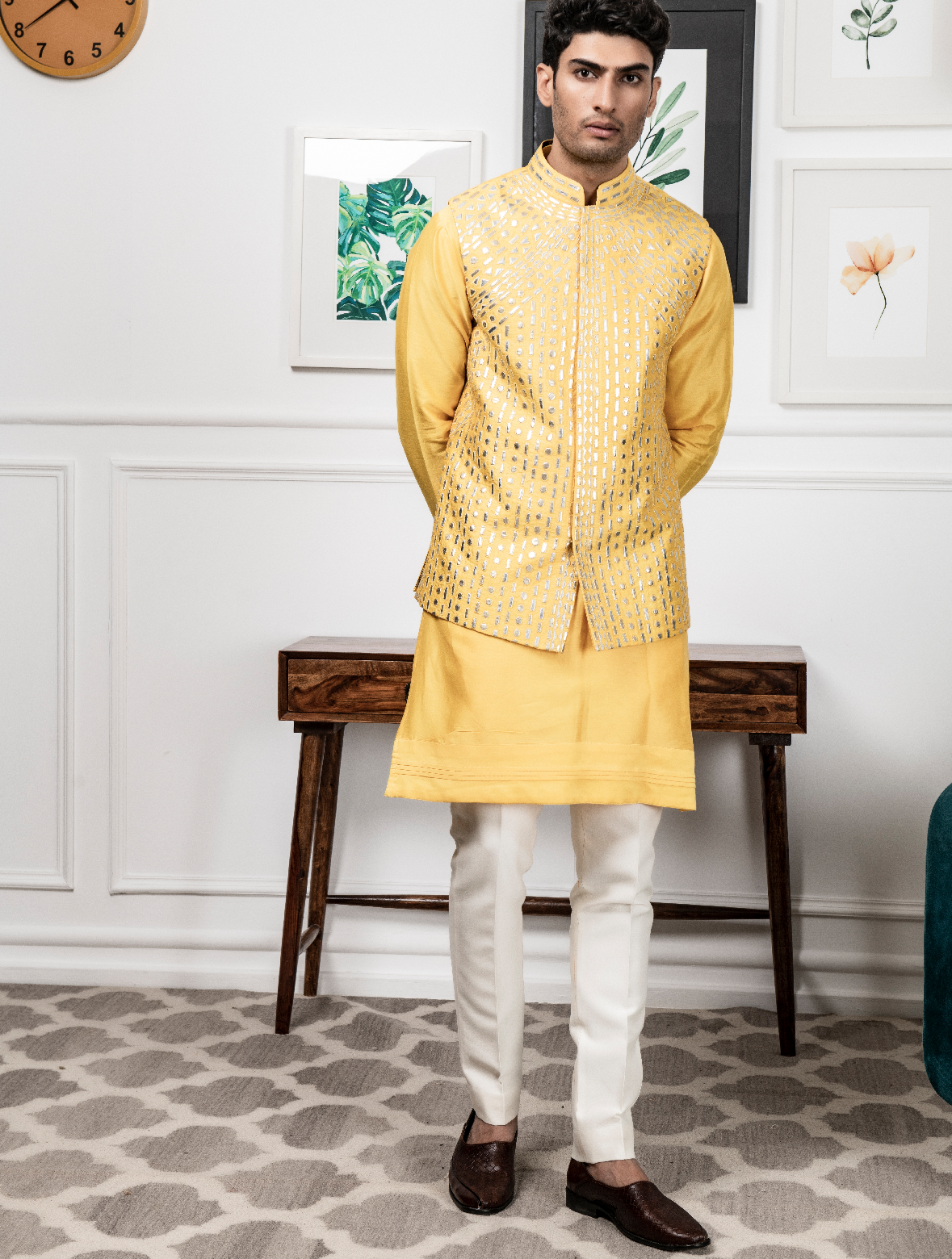 Yellow Chanderi Silk Kurta with Raw Silk Leather work Jacket Set