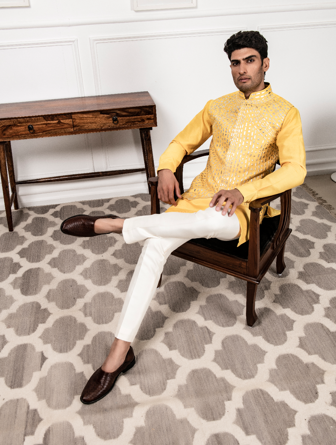 Yellow Chanderi Silk Kurta with Raw Silk Leather work Jacket Set