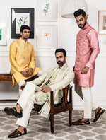 Yellow Chanderi Silk Kurta with Raw Silk Leather work Jacket Set
