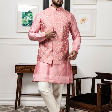 Peach Chanderi Silk Kurta with Raw Silk Hand Embroidered Jacket Set