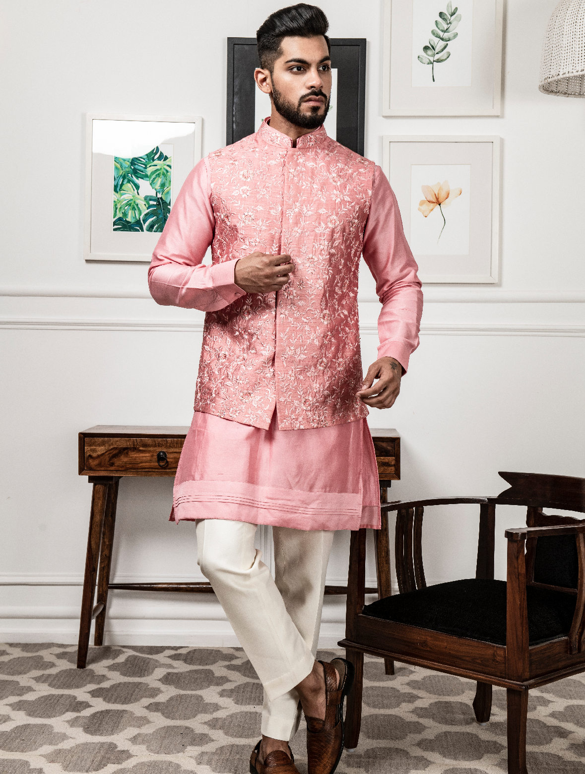 Peach Chanderi Silk Kurta with Raw Silk Hand Embroidered Jacket Set
