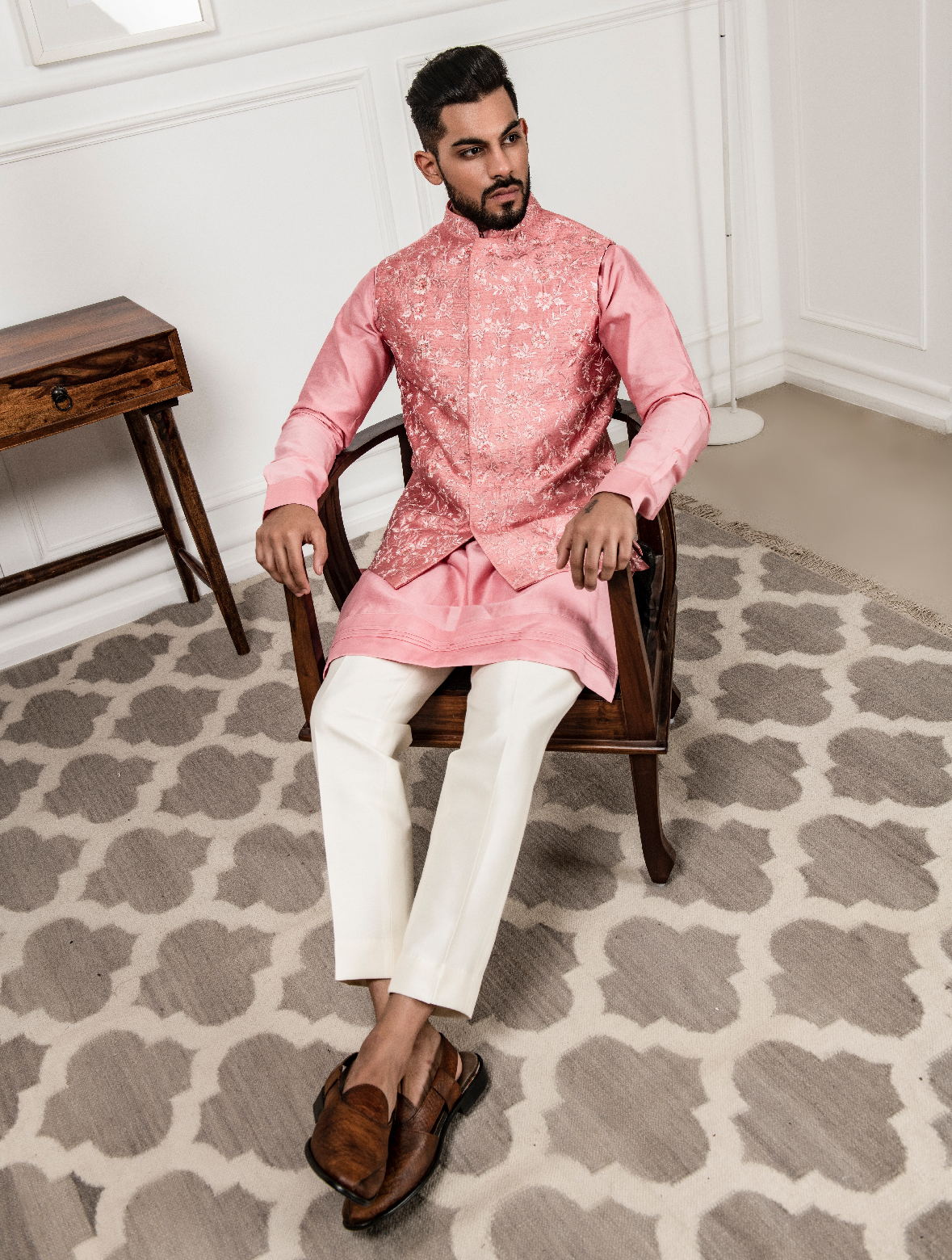 Peach Chanderi Silk Kurta with Raw Silk Hand Embroidered Jacket Set