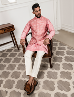 Peach Chanderi Silk Kurta with Raw Silk Hand Embroidered Jacket Set